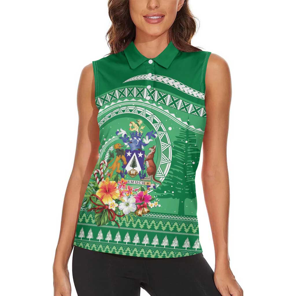 Norfolk Island Pine Tree Christmas Women Sleeveless Polo Shirt Coat of Arm and Polynesian Pattern LT9 - Polynesian Pride