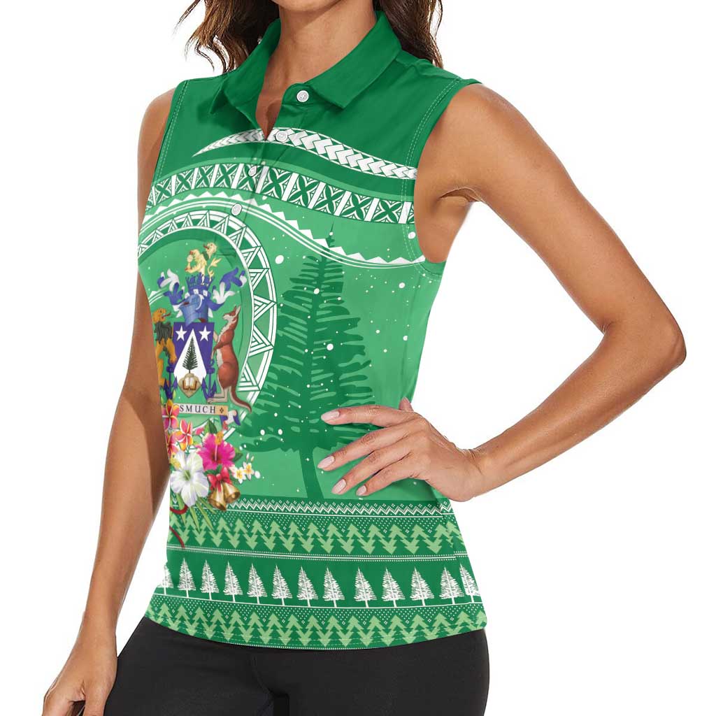 Norfolk Island Pine Tree Christmas Women Sleeveless Polo Shirt Coat of Arm and Polynesian Pattern LT9 - Polynesian Pride
