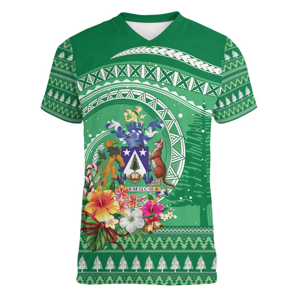 Norfolk Island Pine Tree Christmas Women V-Neck T-Shirt Coat of Arm and Polynesian Pattern