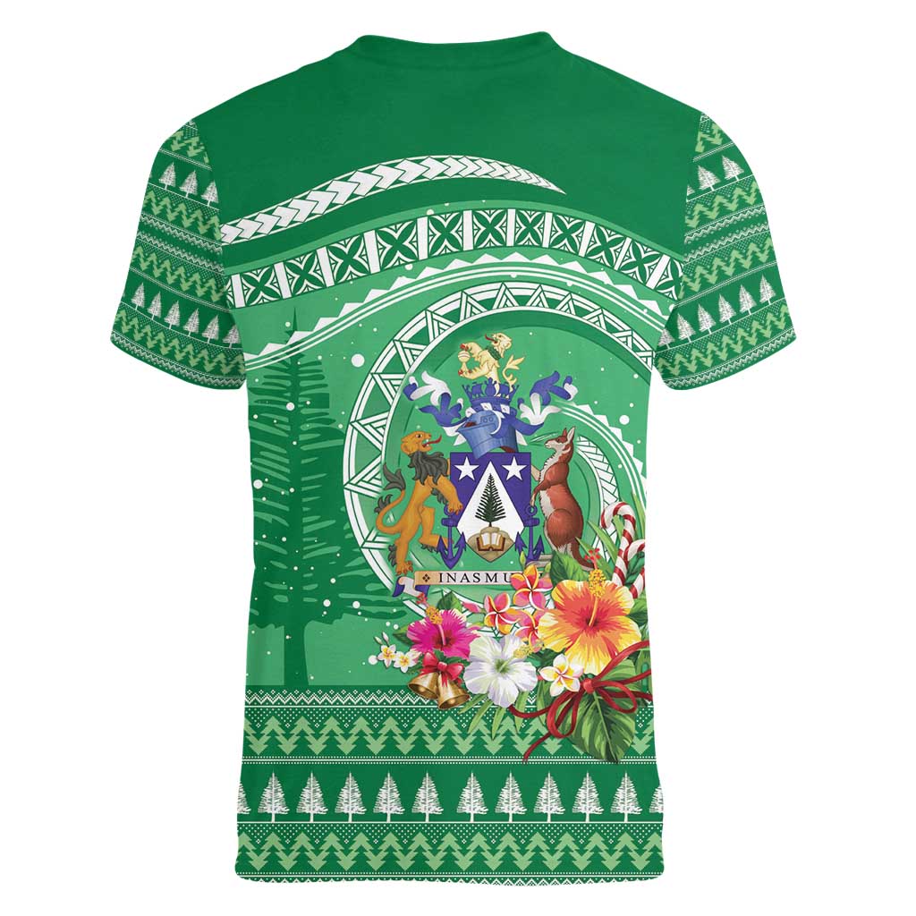Norfolk Island Pine Tree Christmas Women V-Neck T-Shirt Coat of Arm and Polynesian Pattern LT9 - Polynesian Pride
