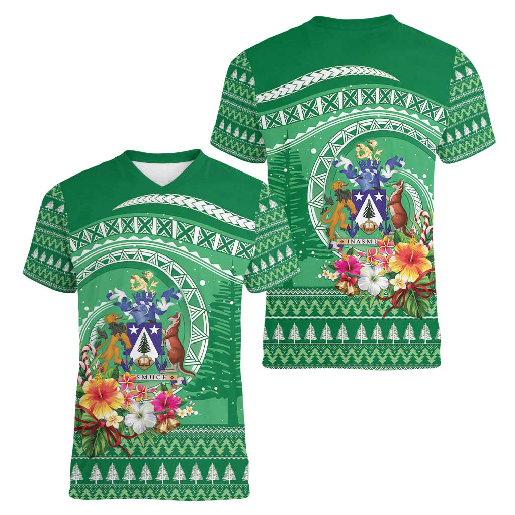 Norfolk Island Pine Tree Christmas Women V-Neck T-Shirt Coat of Arm and Polynesian Pattern LT9 - Polynesian Pride
