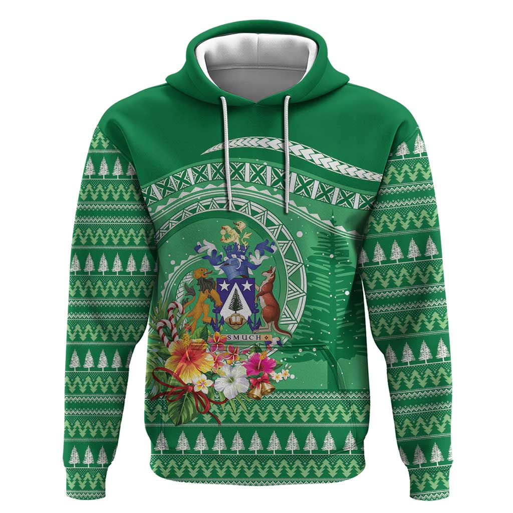 Norfolk Island Pine Tree Christmas Zip Hoodie Coat of Arm and Polynesian Pattern LT9 Pullover Hoodie Green - Polynesian Pride