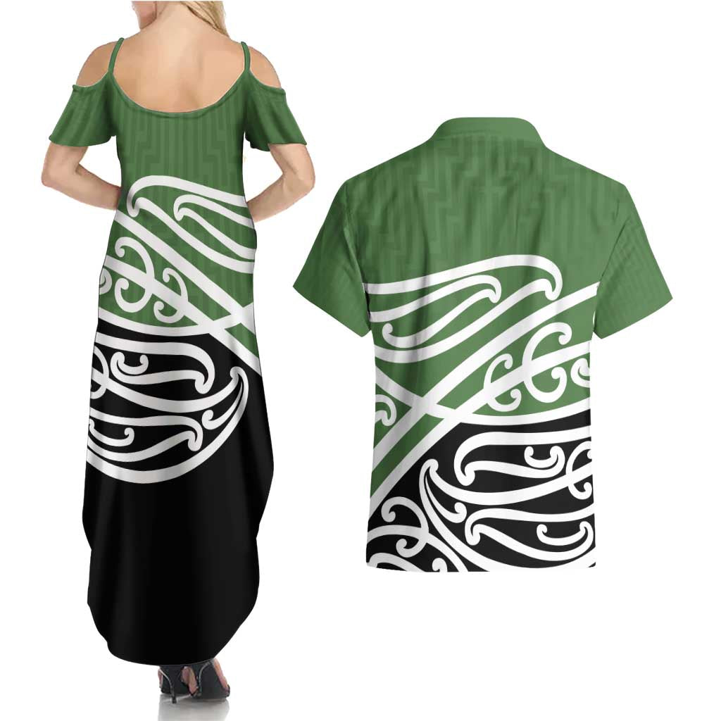 Green Fern New Zealand Kowhai Ngutukak Couples Matching Summer Maxi Dress and Hawaiian Shirt - Polynesian Pride