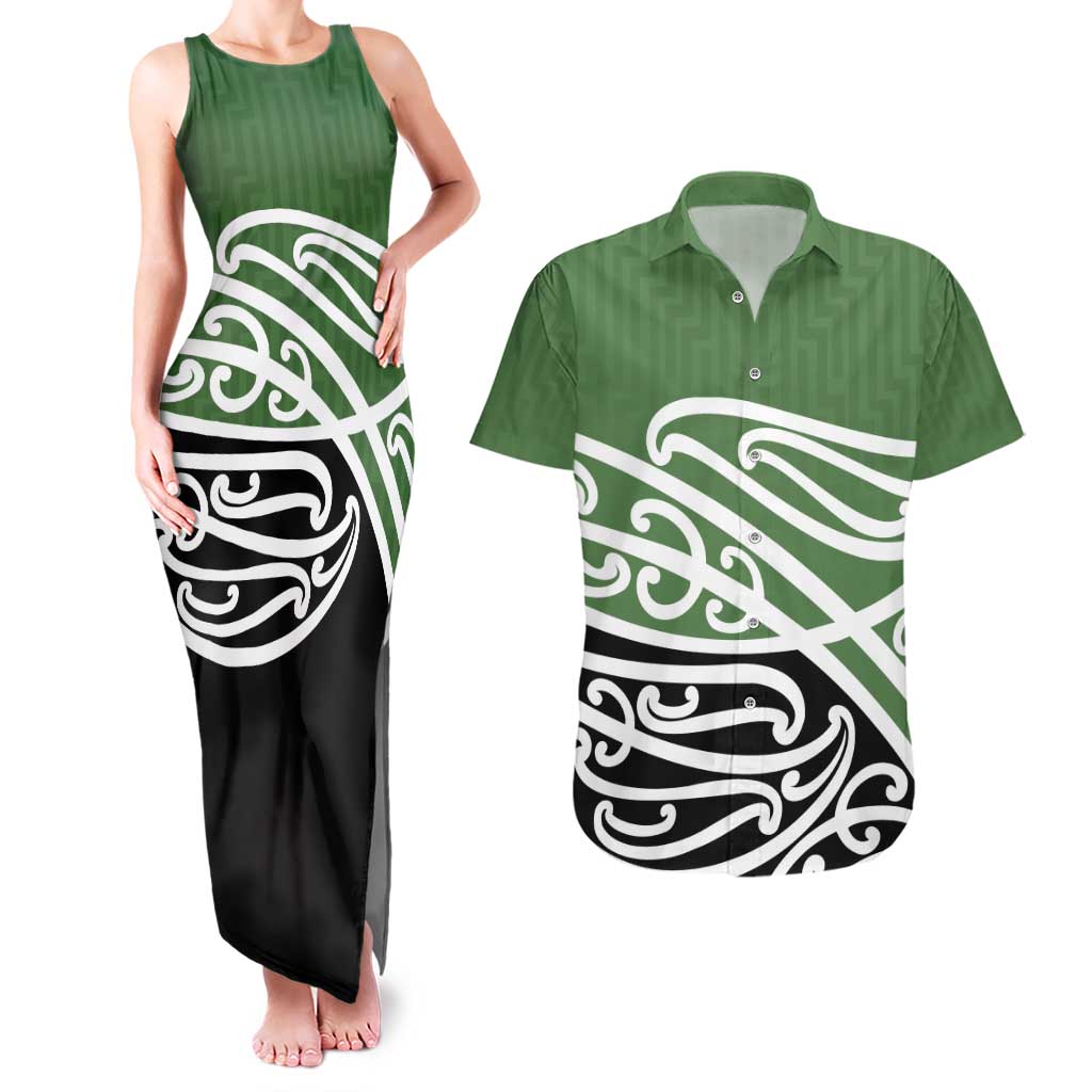 Green Fern New Zealand Kowhai Ngutukak Couples Matching Tank Maxi Dress and Hawaiian Shirt - Polynesian Pride