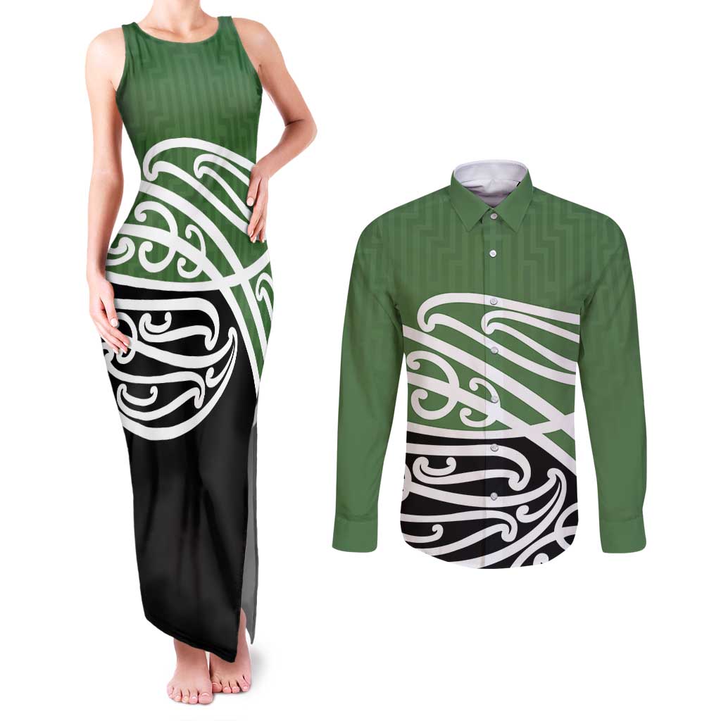 Green Fern New Zealand Kowhai Ngutukak Couples Matching Tank Maxi Dress and Long Sleeve Button Shirt - Polynesian Pride