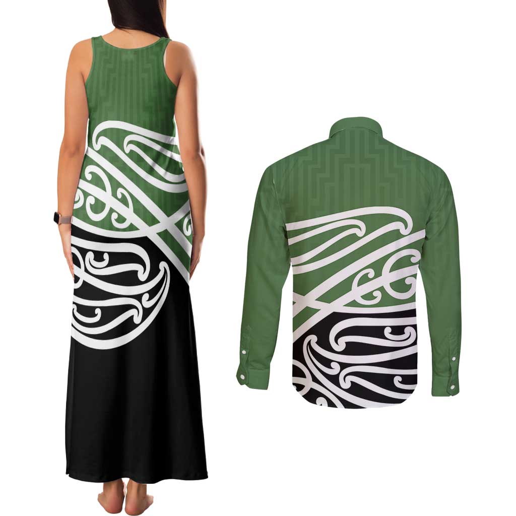 Green Fern New Zealand Kowhai Ngutukak Couples Matching Tank Maxi Dress and Long Sleeve Button Shirt - Polynesian Pride
