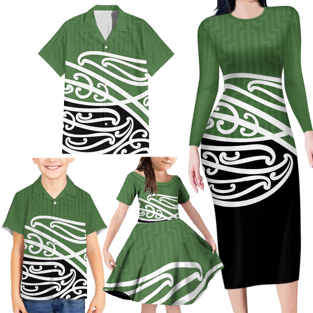 Green Fern New Zealand Kowhai Ngutukak Family Matching Long Sleeve Bodycon Dress and Hawaiian Shirt - Polynesian Pride