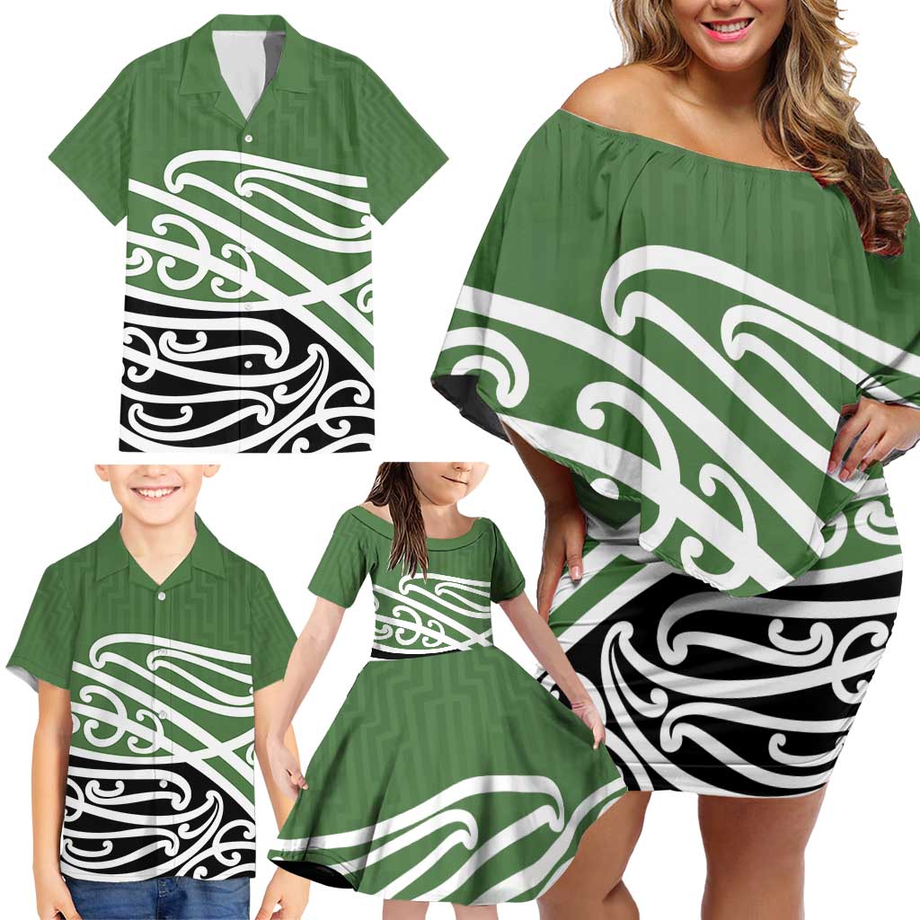 Green Fern New Zealand Kowhai Ngutukak Family Matching Off Shoulder Short Dress and Hawaiian Shirt - Polynesian Pride