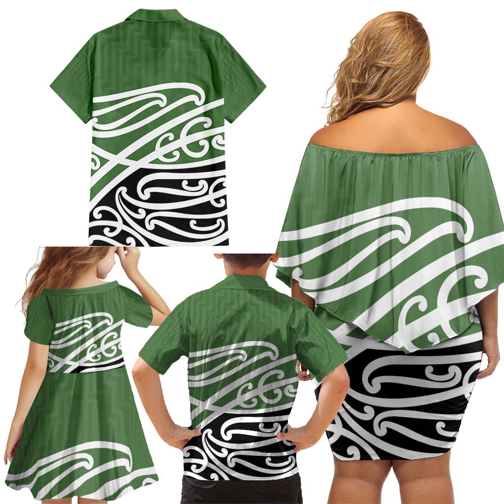 Green Fern New Zealand Kowhai Ngutukak Family Matching Off Shoulder Short Dress and Hawaiian Shirt - Polynesian Pride