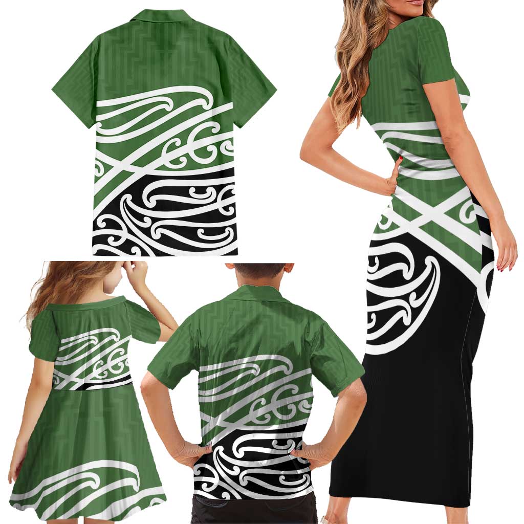 Green Fern New Zealand Kowhai Ngutukak Family Matching Short Sleeve Bodycon Dress and Hawaiian Shirt - Polynesian Pride
