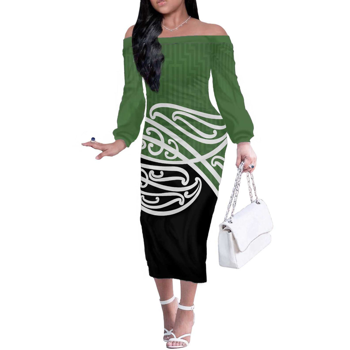 Green Fern New Zealand Kowhai Ngutukak Off The Shoulder Long Sleeve Dress - Polynesian Pride