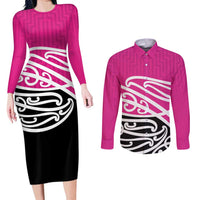 All Pink New Zealand Kowhai Ngutukak Couples Matching Long Sleeve Bodycon Dress and Long Sleeve Button Shirt - Polynesian Pride