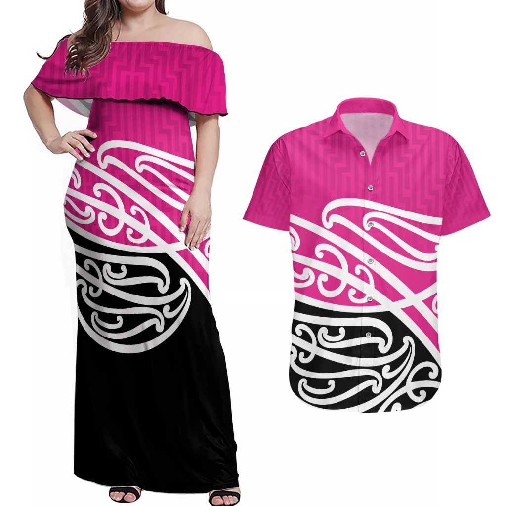 All Pink New Zealand Kowhai Ngutukak Couples Matching Off Shoulder Maxi Dress and Hawaiian Shirt - Polynesian Pride