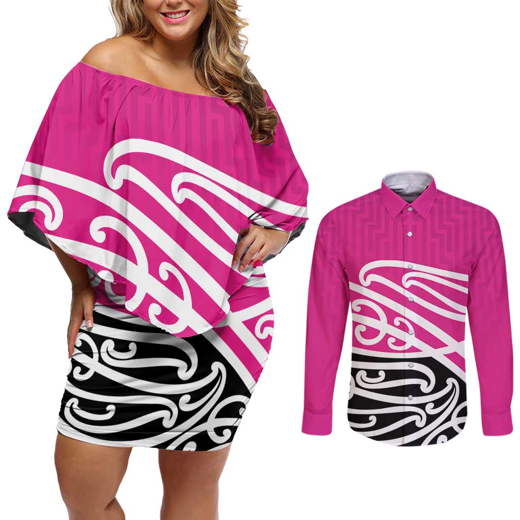 All Pink New Zealand Kowhai Ngutukak Couples Matching Off Shoulder Short Dress and Long Sleeve Button Shirt - Polynesian Pride
