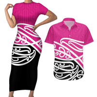 All Pink New Zealand Kowhai Ngutukak Couples Matching Short Sleeve Bodycon Dress and Hawaiian Shirt - Polynesian Pride
