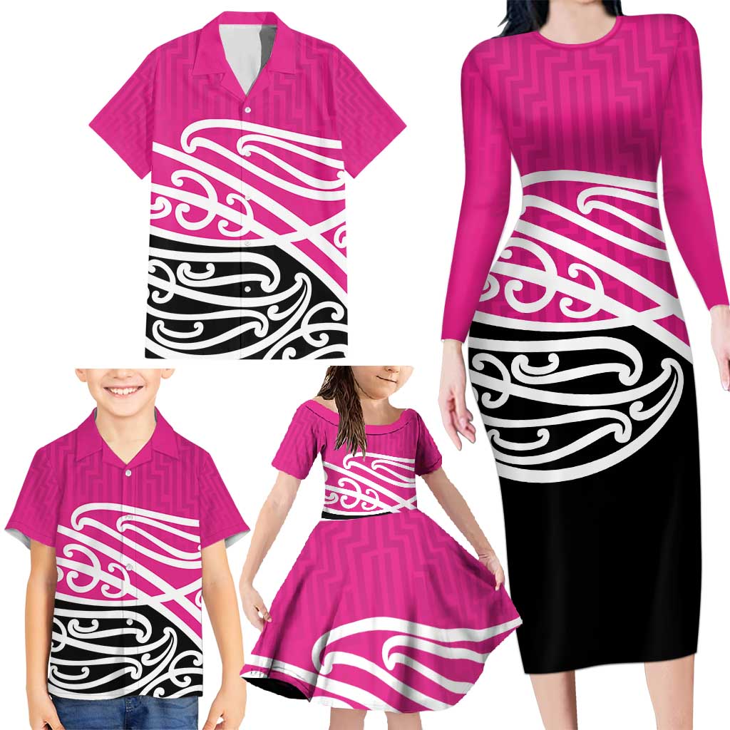 All Pink New Zealand Kowhai Ngutukak Family Matching Long Sleeve Bodycon Dress and Hawaiian Shirt - Polynesian Pride