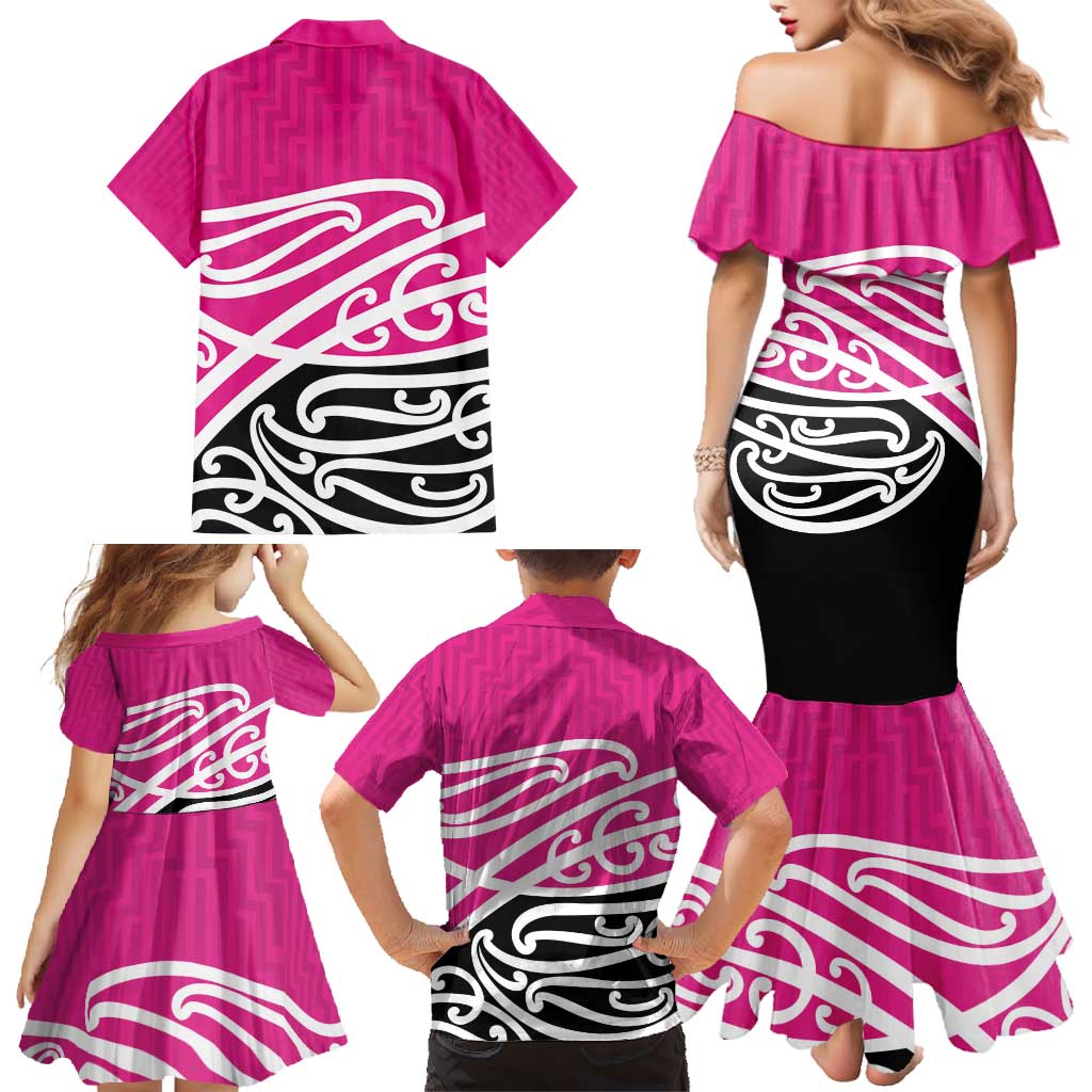 All Pink New Zealand Kowhai Ngutukak Family Matching Mermaid Dress and Hawaiian Shirt - Polynesian Pride