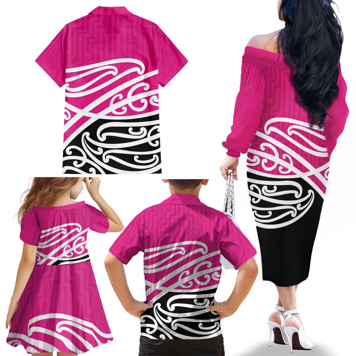 All Pink New Zealand Kowhai Ngutukak Family Matching Off The Shoulder Long Sleeve Dress and Hawaiian Shirt - Polynesian Pride