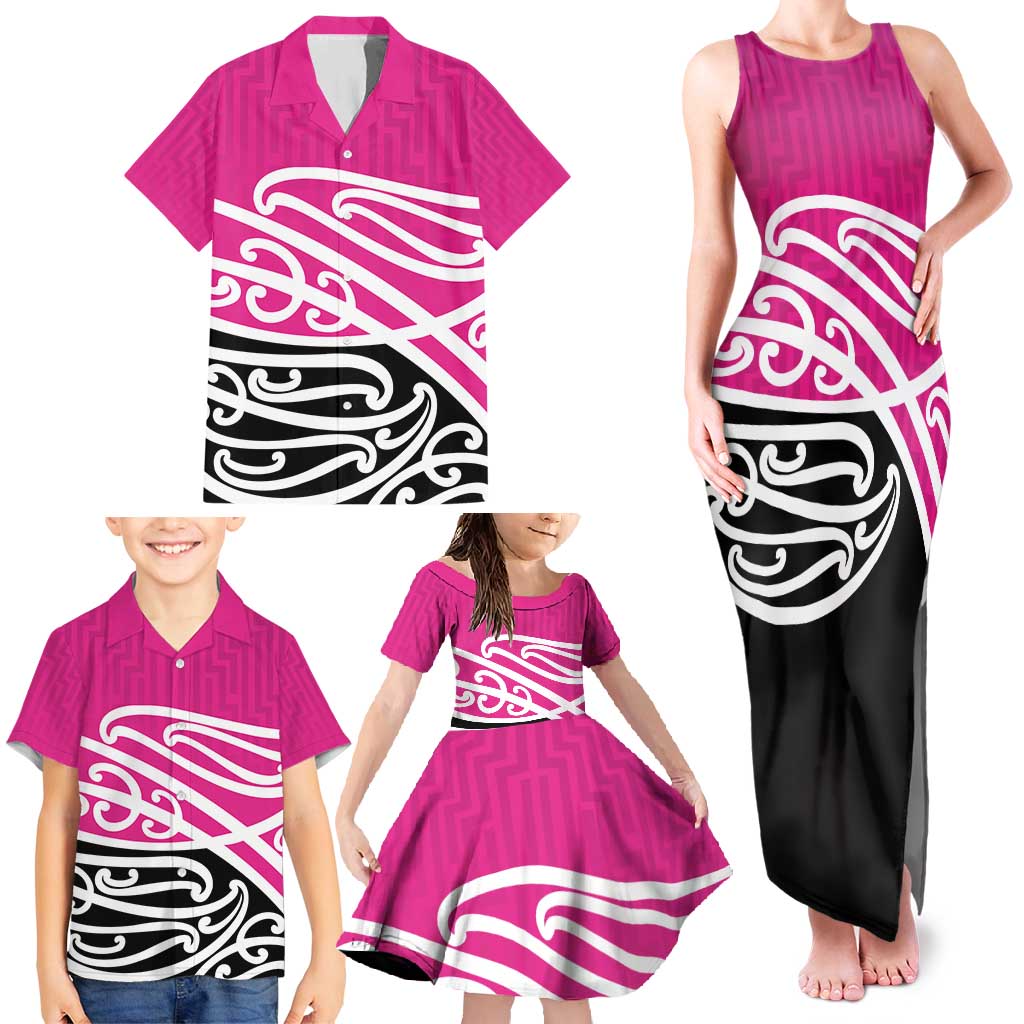All Pink New Zealand Kowhai Ngutukak Family Matching Tank Maxi Dress and Hawaiian Shirt - Polynesian Pride
