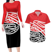 All Red New Zealand Kowhai Ngutukak Couples Matching Long Sleeve Bodycon Dress and Hawaiian Shirt - Polynesian Pride