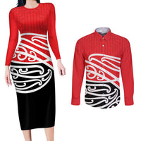 All Red New Zealand Kowhai Ngutukak Couples Matching Long Sleeve Bodycon Dress and Long Sleeve Button Shirt - Polynesian Pride