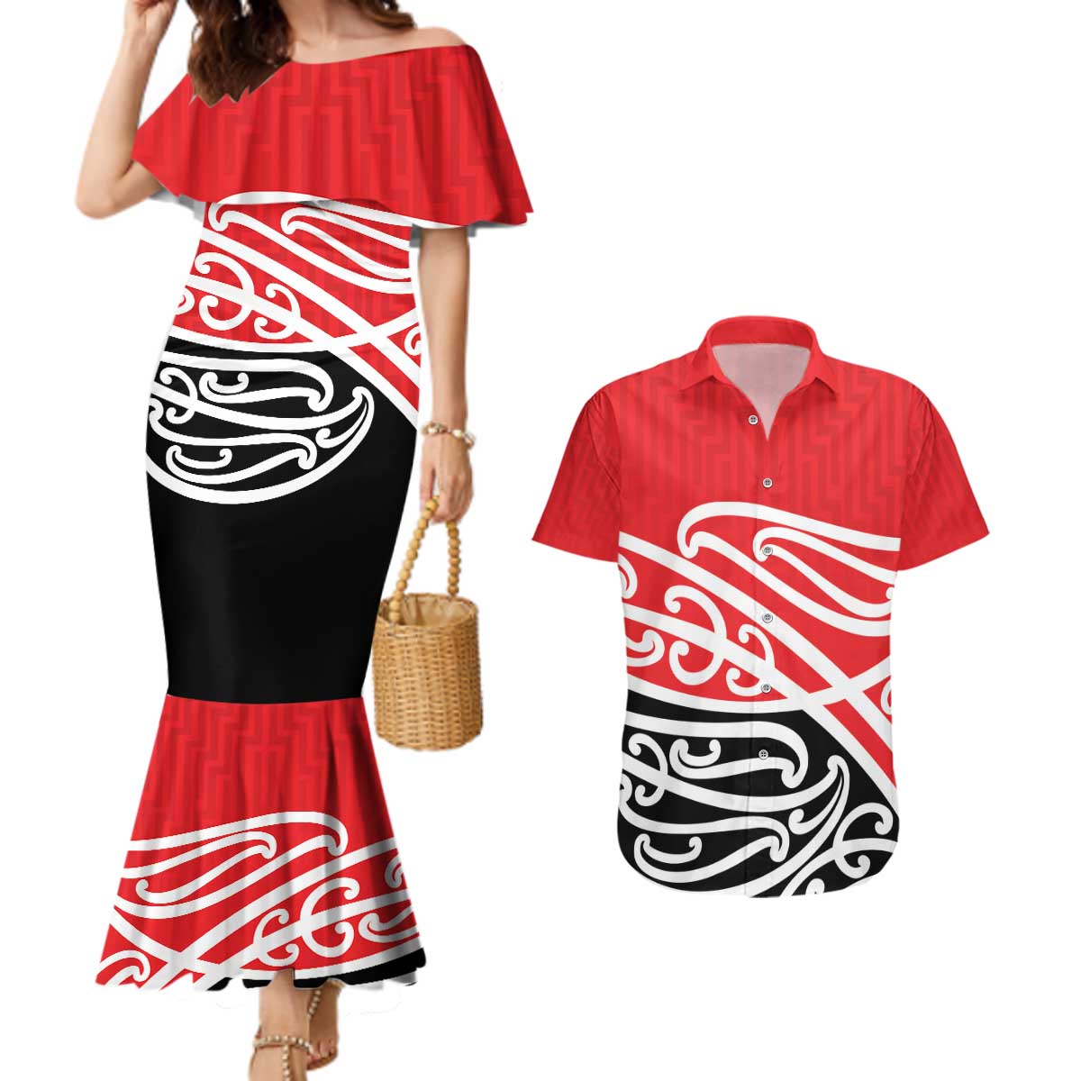 All Red New Zealand Kowhai Ngutukak Couples Matching Mermaid Dress and Hawaiian Shirt - Polynesian Pride