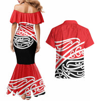 All Red New Zealand Kowhai Ngutukak Couples Matching Mermaid Dress and Hawaiian Shirt - Polynesian Pride