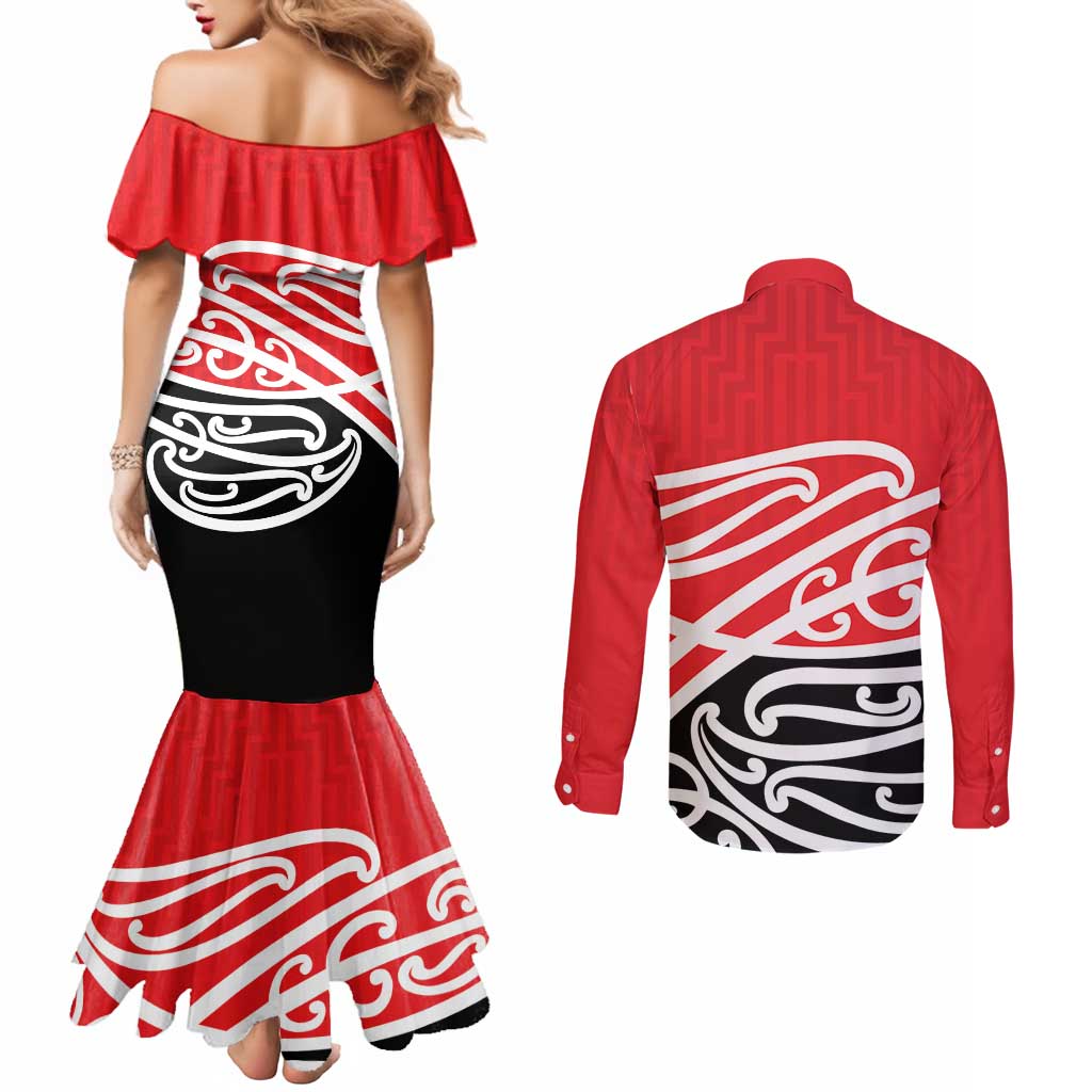 All Red New Zealand Kowhai Ngutukak Couples Matching Mermaid Dress and Long Sleeve Button Shirt - Polynesian Pride