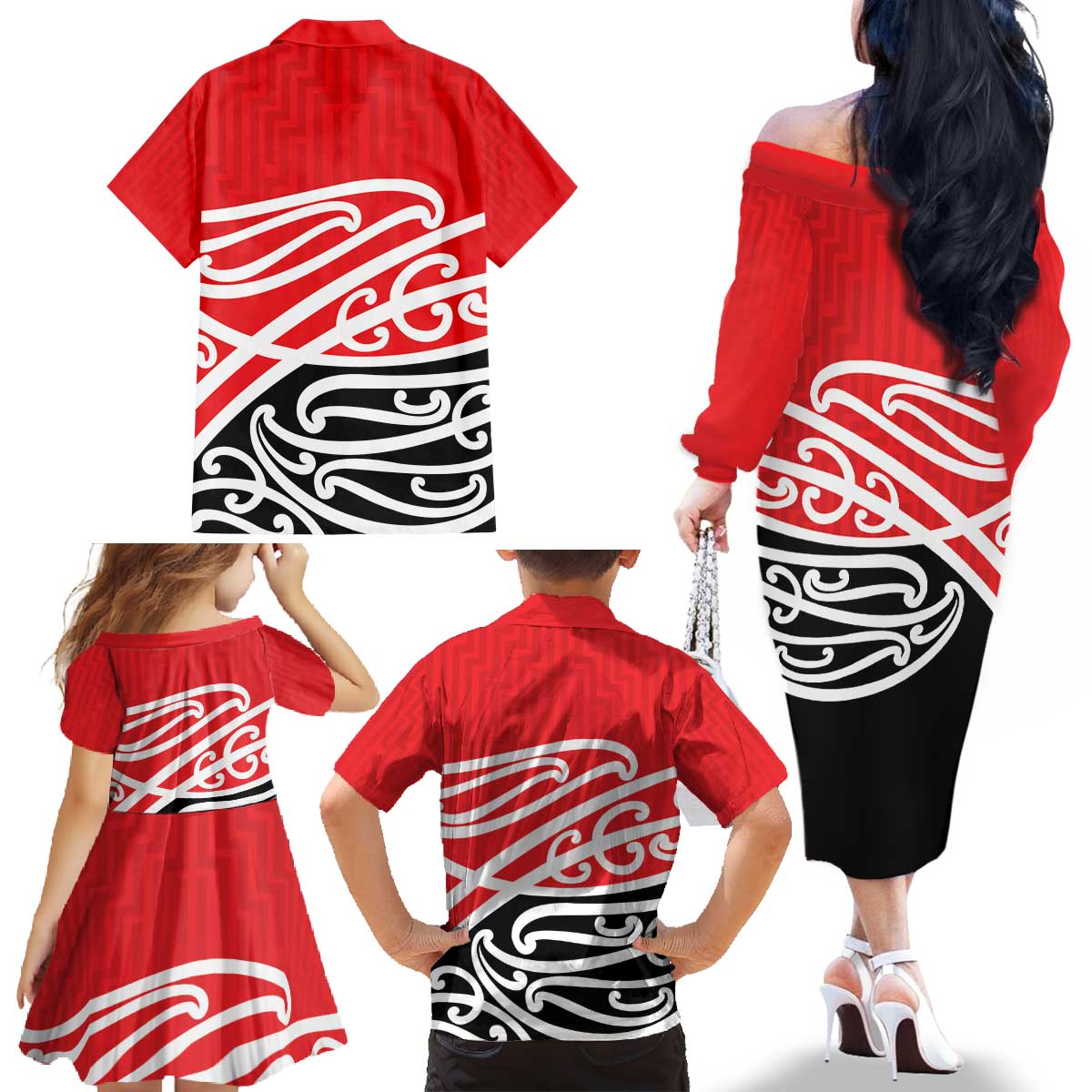 All Red New Zealand Kowhai Ngutukak Family Matching Off The Shoulder Long Sleeve Dress and Hawaiian Shirt - Polynesian Pride