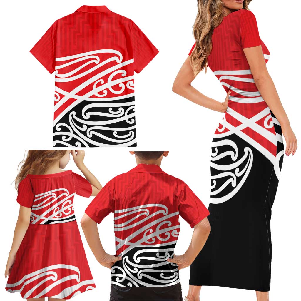 All Red New Zealand Kowhai Ngutukak Family Matching Short Sleeve Bodycon Dress and Hawaiian Shirt - Polynesian Pride