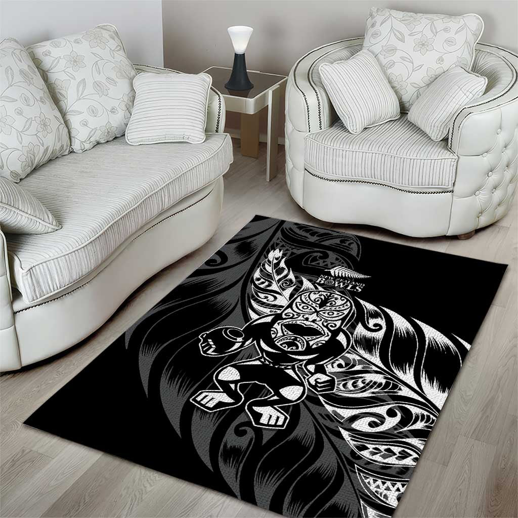 New Zealand Lawn Bowls Area Rug Black Maori Warrior Tribal Silver Fern - Polynesian Pride