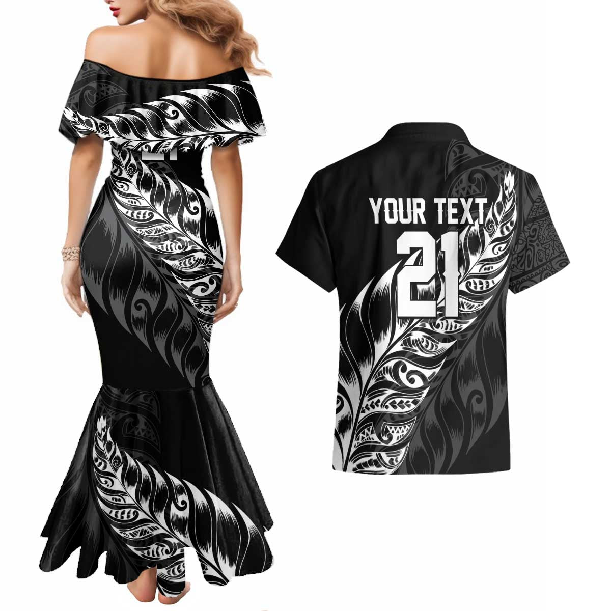 New Zealand Lawn Bowls Custom Couples Matching Mermaid Dress and Hawaiian Shirt Black Maori Warrior Tribal Silver Fern - Polynesian Pride