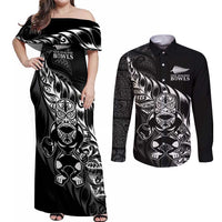 New Zealand Lawn Bowls Custom Couples Matching Off Shoulder Maxi Dress and Long Sleeve Button Shirt Black Maori Warrior Tribal Silver Fern - Polynesian Pride