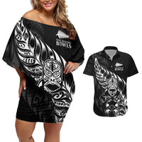 New Zealand Lawn Bowls Custom Couples Matching Off Shoulder Short Dress and Hawaiian Shirt Black Maori Warrior Tribal Silver Fern - Polynesian Pride