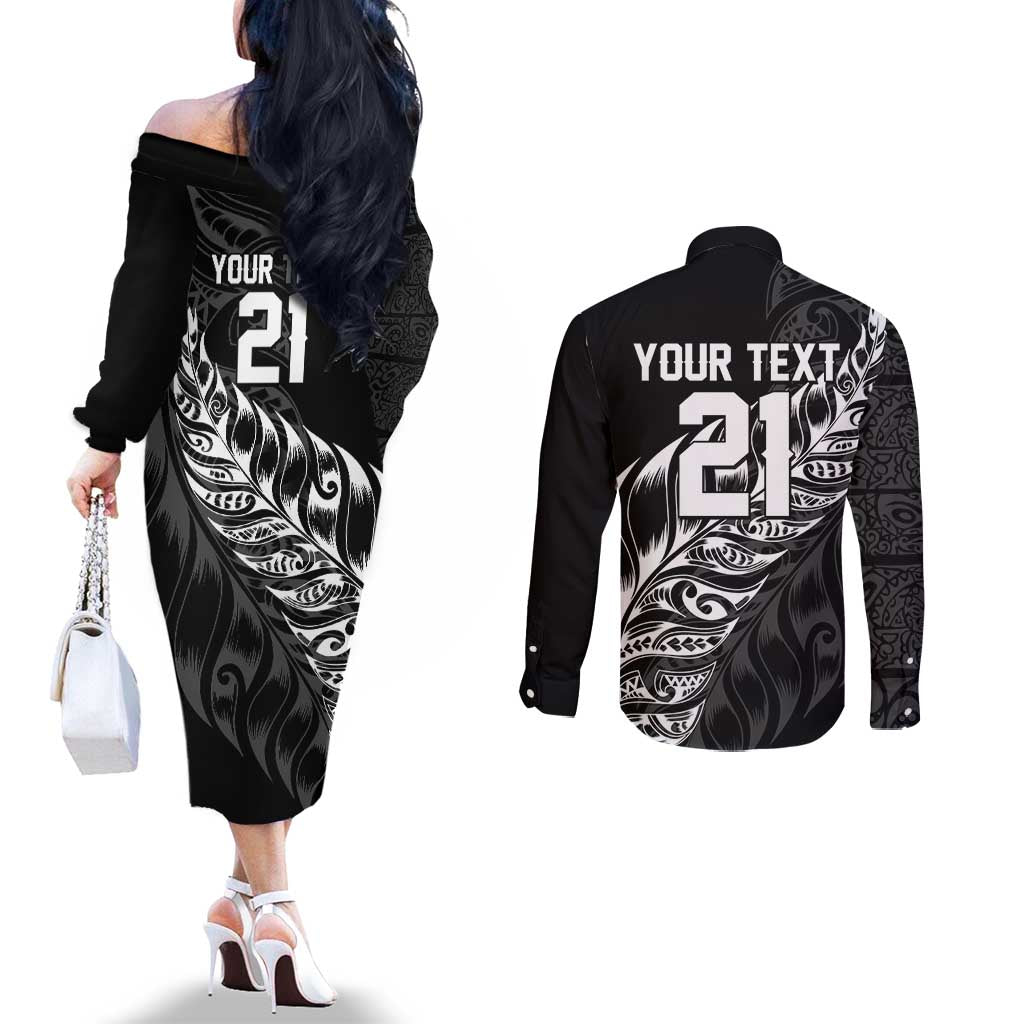 New Zealand Lawn Bowls Custom Couples Matching Off The Shoulder Long Sleeve Dress and Long Sleeve Button Shirt Black Maori Warrior Tribal Silver Fern - Polynesian Pride