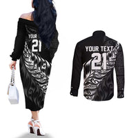 New Zealand Lawn Bowls Custom Couples Matching Off The Shoulder Long Sleeve Dress and Long Sleeve Button Shirt Black Maori Warrior Tribal Silver Fern - Polynesian Pride