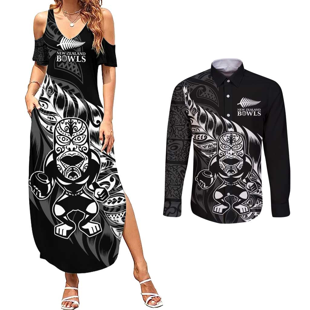 New Zealand Lawn Bowls Custom Couples Matching Summer Maxi Dress and Long Sleeve Button Shirt Black Maori Warrior Tribal Silver Fern - Polynesian Pride
