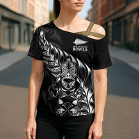 New Zealand Lawn Bowls Custom Cross Shoulder Shirt Black Maori Warrior Tribal Silver Fern - Polynesian Pride