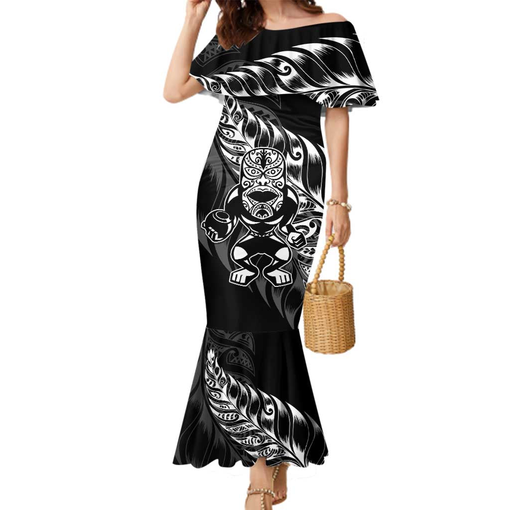 New Zealand Lawn Bowls Custom Family Matching Mermaid Dress and Hawaiian Shirt Black Maori Warrior Tribal Silver Fern - Polynesian Pride