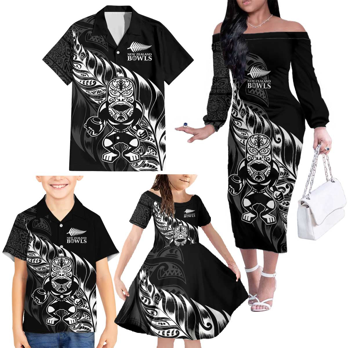 New Zealand Lawn Bowls Custom Family Matching Off The Shoulder Long Sleeve Dress and Hawaiian Shirt Black Maori Warrior Tribal Silver Fern - Polynesian Pride