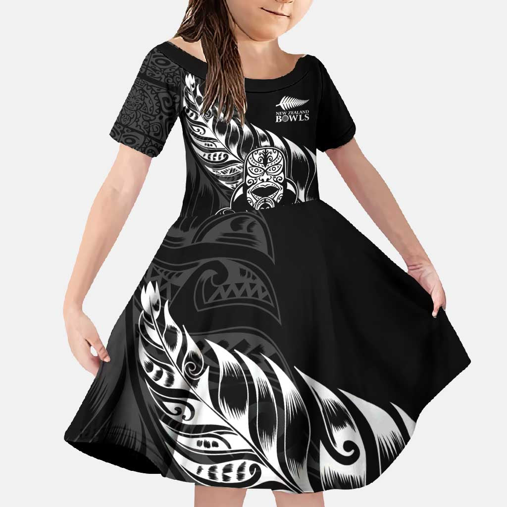 New Zealand Lawn Bowls Custom Family Matching Off Shoulder Maxi Dress and Hawaiian Shirt Black Maori Warrior Tribal Silver Fern - Polynesian Pride