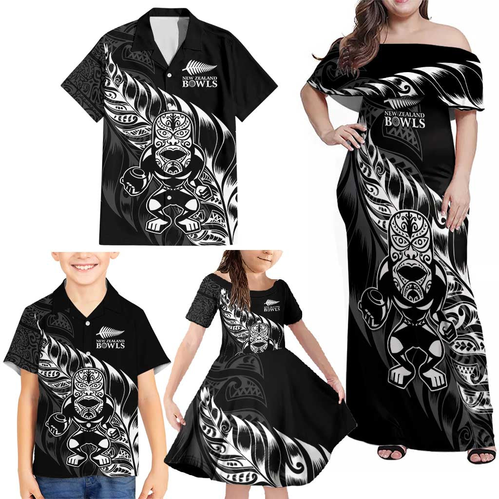 New Zealand Lawn Bowls Custom Family Matching Off Shoulder Maxi Dress and Hawaiian Shirt Black Maori Warrior Tribal Silver Fern - Polynesian Pride
