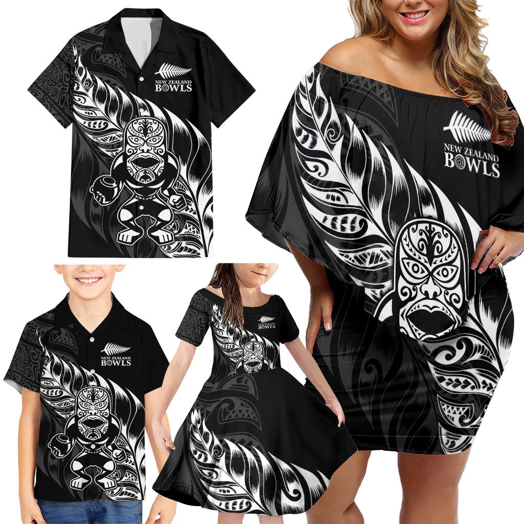 New Zealand Lawn Bowls Custom Family Matching Off Shoulder Short Dress and Hawaiian Shirt Black Maori Warrior Tribal Silver Fern - Polynesian Pride