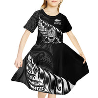 New Zealand Lawn Bowls Custom Kid Short Sleeve Dress Black Maori Warrior Tribal Silver Fern - Polynesian Pride