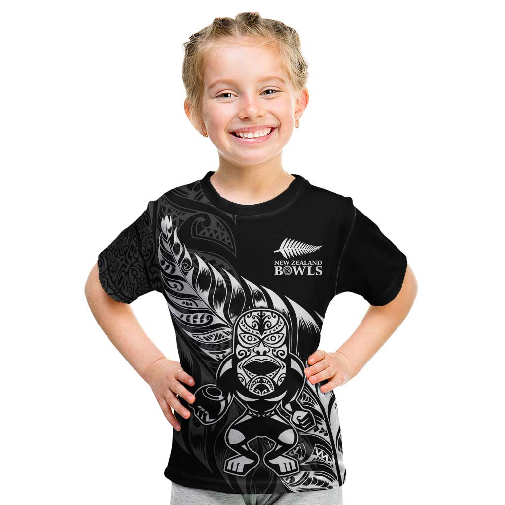 New Zealand Lawn Bowls Custom Kid T Shirt Black Maori Warrior Tribal Silver Fern - Polynesian Pride