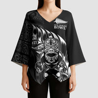 New Zealand Lawn Bowls Custom Kimono Sleeve Blouse Black Maori Warrior Tribal Silver Fern - Polynesian Pride