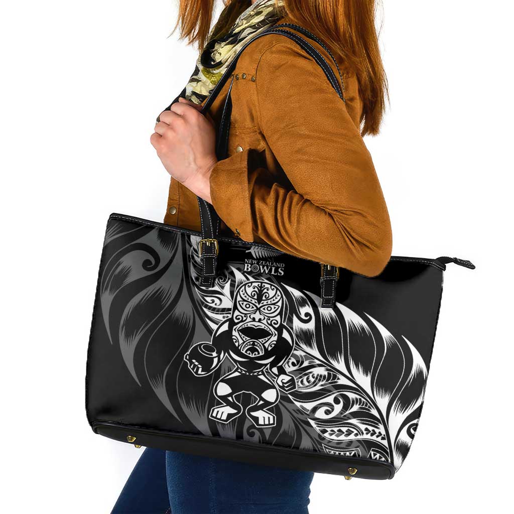 New Zealand Lawn Bowls Leather Tote Bag Black Maori Warrior Tribal Silver Fern - Polynesian Pride