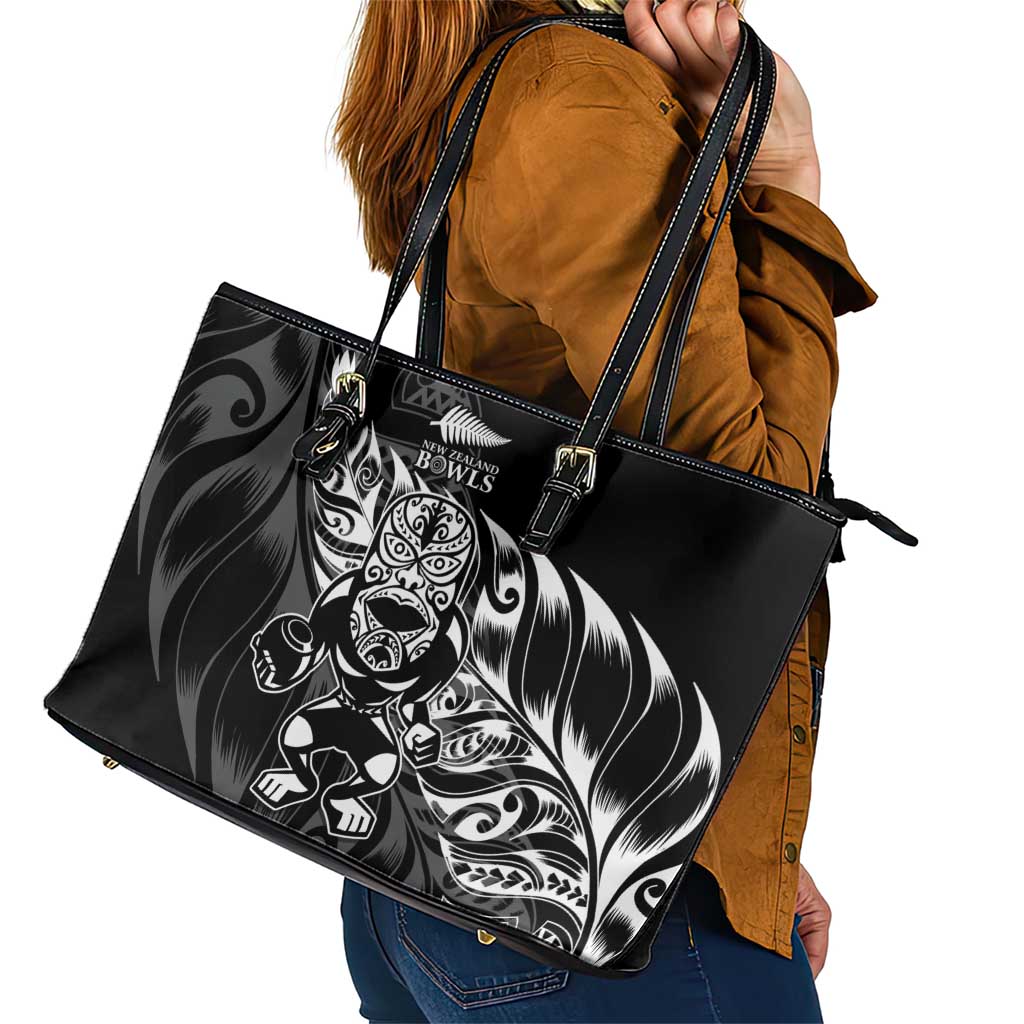 New Zealand Lawn Bowls Leather Tote Bag Black Maori Warrior Tribal Silver Fern - Polynesian Pride