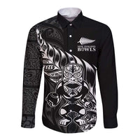 New Zealand Lawn Bowls Custom Long Sleeve Button Shirt Black Maori Warrior Tribal Silver Fern - Polynesian Pride