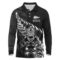 New Zealand Lawn Bowls Custom Long Sleeve Polo Shirt Black Maori Warrior Tribal Silver Fern - Polynesian Pride